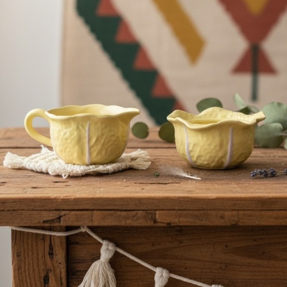 Secla Yellow Cabbage Sugar Bowl & Creamer, Vintage Portugal Majolica Tableware